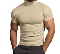 Mens Basic Mock Turtleneck Short Sleeve Solid Casual T-Shirt Pullover Tops Slim Fit Undershirt High Neck T-Shirt Tee (Khaki, M)