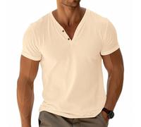 Mens Basic Tees Henley T-Shirt Short Sleeve Tops Casual Shirt Cotton Button V-Neck Lightweight Soft Stretch Khaki XL
