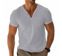 Mens Basic Tees Henley T-Shirt Short Sleeve Tops Casual Shirt Cotton Button V-Neck Lightweight Soft Stretch Grey L