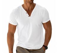 Mens Basic Tees Henley T-Shirt Short Sleeve Tops Casual Shirt Cotton Button V-Neck Lightweight Soft Stretch White XXL
