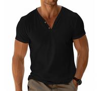 Mens Basic Tees Henley T-Shirt Short Sleeve Tops Casual Shirt Cotton Button V-Neck Lightweight Soft Stretch Black L