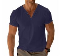 Mens Basic Tees Henley T-Shirt Short Sleeve Tops Casual Shirt Cotton Button V-Neck Lightweight Soft Stretch Navy XL