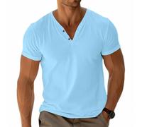 Mens Basic Tees Henley T-Shirt Short Sleeve Tops Casual Shirt Cotton Button V-Neck Lightweight Soft Stretch Lightblue XL