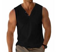 Mens Basic Vests Tank Tops Sleeveless Tees Henley T-Shirt Casual Cotton Button V-Neck Lightweight Soft Stretch Black XL