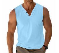 Mens Basic Vests Tank Tops Sleeveless Tees Henley T-Shirt Casual Cotton Button V-Neck Lightweight Soft Stretch Lightblue L