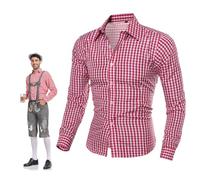 Mens Bavarian Classic Style Lederhosen Longsleeves Checked Shirts Mens Oktoberfest Shirts Long-Sleeve Checked Shirts Button Down Plaid Shirts Red