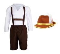 Mens Bavarian Costume Small - Brown Lederhosen Style Trousers with Traditional White Shirt and Brown Hat - Oktoberfest Fancy Dress