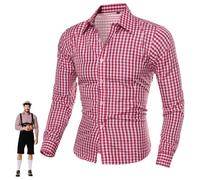 Men's Bavarian Style Oktoberfest Costume Long Sleeve Cotton Shirt with Classic Checked Pattern, Traditional Turned Collar and Slim Fit Plaid Shirt for Beer Fests or Casual Social Outfit Red