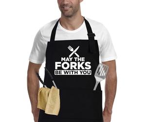Mens BBQ Grilling Kitchen Aprons-May The Forks Be with You, Novelty Funny Cooking Apron for Movie Fans, Black Chef Apron, Christmas Gifts for Him, Men, Husband, Boyfriend, Son