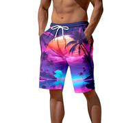 Mens Beach Pants 3D Printed Seaside Coconut Tree Sunset Printed Beach Pants Casual Shorts Swimsuits for Men Trunks Swim Men Purple