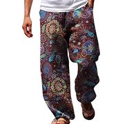 Mens Beach Pants Summer Holiday 3D Printed Trousers Wide Leg Funky Floral Trouser Regular Fit Drawstring Pant Casual Smart Hip Hop Pants Straight Flat-Front Pant Wine