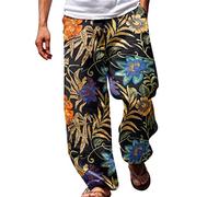 Mens Beach Pants Summer Holiday 3D Printed Trousers Wide Leg Funky Floral Trouser Regular Fit Drawstring Pant Casual Smart Hip Hop Pants Straight Flat-Front Pant Black