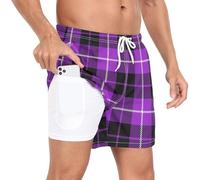 Mens Beach Shorts Men 2 Layer Workout Shorts Plaid Purple Black Phone Pocket Gym Shorts Quick Dry, Buffalo Plaid Check Tartan Scotland Purple, X-Large