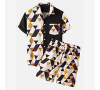 Men's Beach Suit Fashion Print Patchwork Suit Hawaiian Short Sleeve Shorts Two-Piece Set