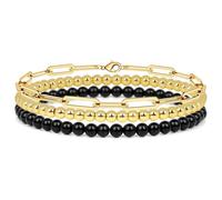 Mens Beaded Bracelet,Hand-Woven 4Mm Three-Piece Natural Gemstone Crystal Black Gallstone Gold Bead Chain Elastic Rope Bracelet, Energy Jewellery for Men Women Smooth Black