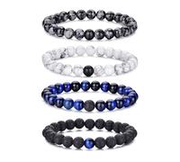 Mens Beaded Bracelets Set, Natural Stone Bracelet for Men Women, Tiger Eye Black White Green Stretch Bead Bracelet, Stackable Gift Jewelry, One Size, Acetate, no gemstone