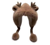 Mens Beanie Hat - Winter Trapper Hat With Ear Cozy Faux Knitted Soft Deer Design Pompon For Cold Weather (Khaki One Size)