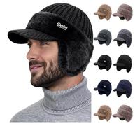 Mens Beanie Hats UK with Brim and Earflaps Unisex Thick Thermal Winter Hat with Ear Flaps Fleece Lined Woolly Knit Hat for Work Golf Outdoor, Gifts for Dad (A-Black)