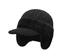 Mens Beanie Hats UK with Brim and Earflaps Unisex Thick Thermal Winter Hat with Ear Flaps Fleece Lined Woolly Knit Hat for Work Golf Outdoor, Gifts for Dad (B-Black)