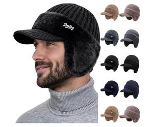 Mens Beanie Hats UK with Brim and Earflaps Unisex Thick Thermal Winter Hat with Ear Flaps Fleece Lined Woolly Knit Hat for Work Golf Outdoor, Gifts for Dad (A-Black)