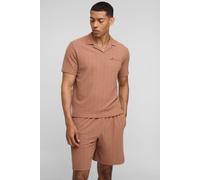 Mens Beige Boxy Embroidered Revere Textured Polo & Relaxed Shorts Set, Beige S