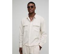 Mens Beige Heavyweight Linen Blend Regular Concealed Placket Cargo Overshirt, Beige M