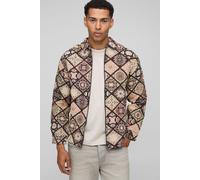 Mens Beige Long Sleeve Zip Through Diamond Tapestry Overshirt, Beige L