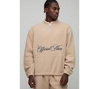 Mens Beige Oversized Boxy Borg Panel Slogan Quarter Zip Funnel Sweatshirt, Beige XL