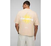 Mens Beige Oversized Boxy Extended Neck International Sun Slogan Print T-Shirt, Beige M