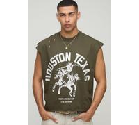 Mens Beige Oversized Boxy Western Graphic Distressed T-Shirt, Beige L