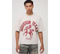 Mens Beige Oversized Boxy Western Graphic Distressed T-Shirt, Beige S