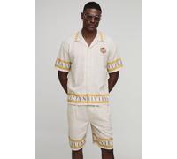 Mens Beige Oversized Heavyweight Linen Border Print Riviera Shirt & Short Set, Beige M