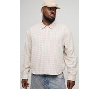 Mens Beige Plus Embroidered Boxy Oversized Boucle Check Rugby Shirt, Beige 4XL