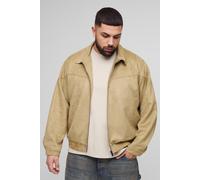 Mens Beige Plus Faux Suede Western Zip Up Boxy Oversized Jacket, Beige XXXXL