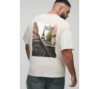 Mens Beige Plus Oversized Man Paris Vintage Car Print T-Shirt, Beige 4XL