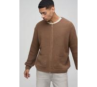 Mens Beige Regular Fit Ribbed Zip Through Collarless Knitted Cardigan, Beige M
