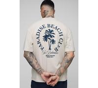 Mens Beige Tall Oversized Boxy Extended Neck Paradise Beach Club Palm Tree T-Shirt, Beige S