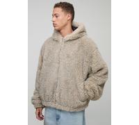 Mens Beige Tall Oversized Hooded Faux Fur Zip Through Jacket In Stone, Beige 2XL