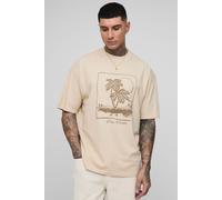 Mens Beige Tall Oversized Palm Paradise Print T-Shirt, Beige S