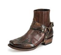 Men's Belt Strap Studded Western Cowboy Boots Square Toe Vintage Embroidery Pull On Ankle Boots,Brown,10 UK