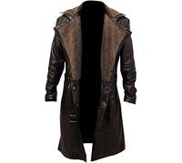 Men's Belted German Military WW2 Brown Real Lambskin Leather Winter Long Trench Fur Coat (German (Brown), UK, Alpha, M, Regular, Regular)