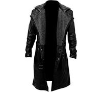 Men's Belted German Military WW2 Real Lambskin Leather Long Winter Trench Coat With Shearling Fur Collar (UK, Alpha, L, Regular, Regular, Black)