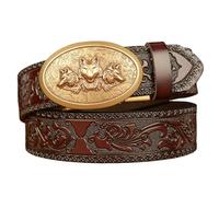 Men's Belts Leather Ratchet, Western Cowboy Belt for Men with Wolf Head Oval Alloy Buckle Embossed Belt,Brown A,120CM/47.3''