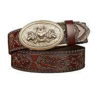 Men's Belts Leather Ratchet, Western Cowboy Belt for Men with Wolf Head Oval Alloy Buckle Embossed Belt,Brown B,120CM/47.3''
