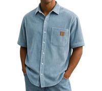 Mens Big and Tall Corduroy Shirts Vintage Stripled Textured Summer Beach Wedding Shirts Short Sleeve Lightweight Button Down Shacket Jackets Y2K Streetwear Blue