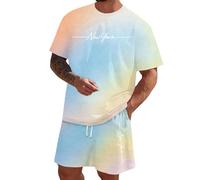 Mens Big and Tall Tracksuit Set Summer Beach Tracksuits Co Ord Crewneck Shirts Jogging Shorts with Drawstring Athletic Top Bottoms Set 2 Piece Summer Outfits Lounge Workout Sets (#001 Light Blue,5XL)