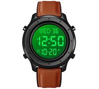 Mens Big Dial Digital Leather Watch Simple Large Display Countdown Alarm Stopwatch LED Backlight Business Multifunction Watches, Brown, casual