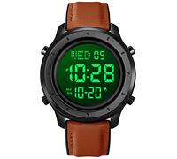 Mens Big Dial Digital Leather Watch Simple Large Display Countdown Alarm Stopwatch LED Backlight Business Multifunction Watches, Brown&Black Dial, casual