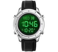 Mens Big Dial Digital Leather Watch Simple Large Display Countdown Alarm Stopwatch LED Backlight Business Multifunction Watches, Silver&Black Dial, casual