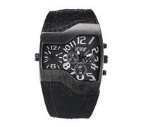 Mens Big Dial Dual Time Zone Leather Band Quartz Watch, Black
